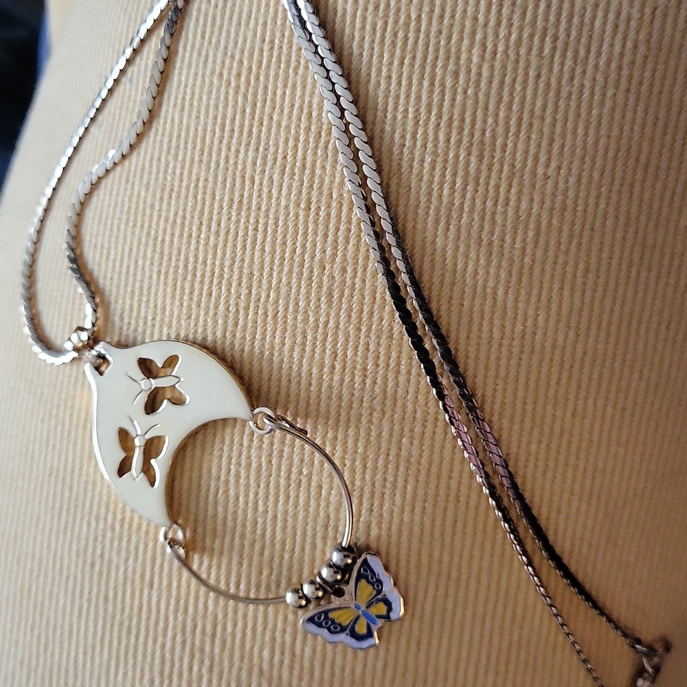 Monet Vintage Gold Charm Holder Butterfly Necklace With Enamel Butterfly Charm